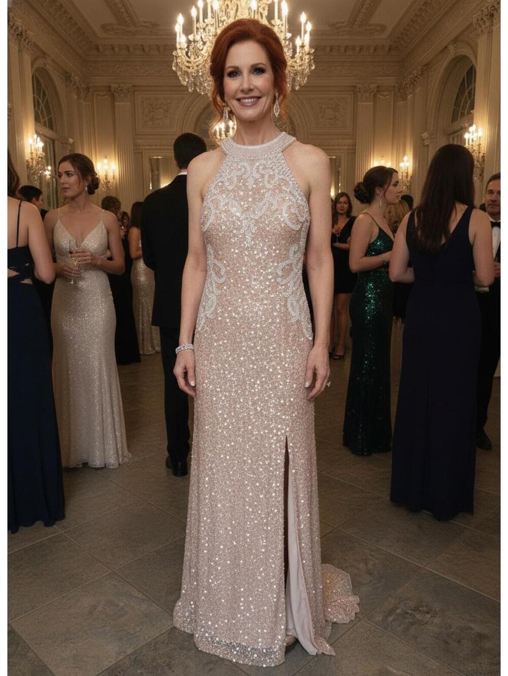 Scala Size 14 Blush Sequin Beaded Open Back Formal Gown